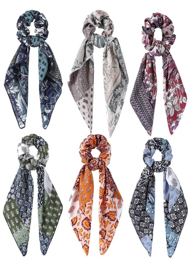 Cutewing Hair Scarf Scrunchie,6PCS Paisley Scarf Ties Flower Bow Scrunchie,2 in 1 Design Long Tail Scrunchies Ponytail Ribbons,No Hurt Accessories for Women Girls - Image 1
